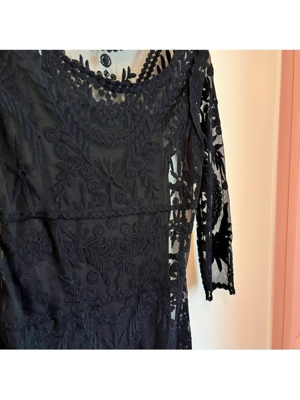 Y2K Black Lace Overlay Mini Dress Sheer Gothic Fairy Whimsigoth Slip Layer XS - Picture 6 of 9